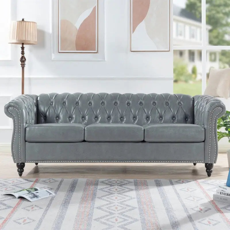 84.65 PU Rolled Arm Chesterfield 3 Seater Sofa
