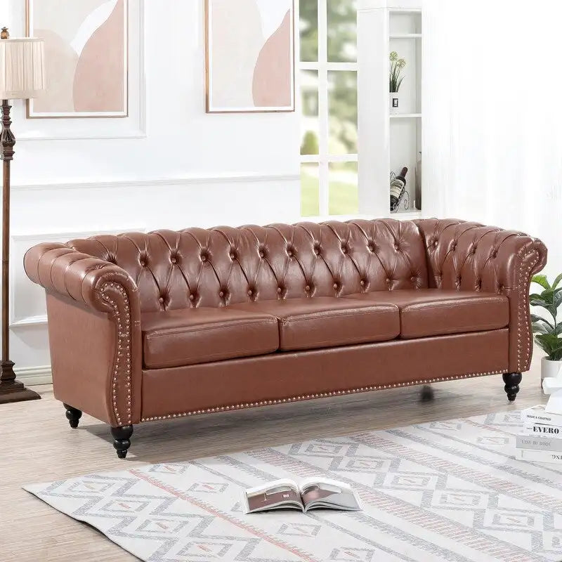 84.65 PU Rolled Arm Chesterfield 3 Seater Sofa