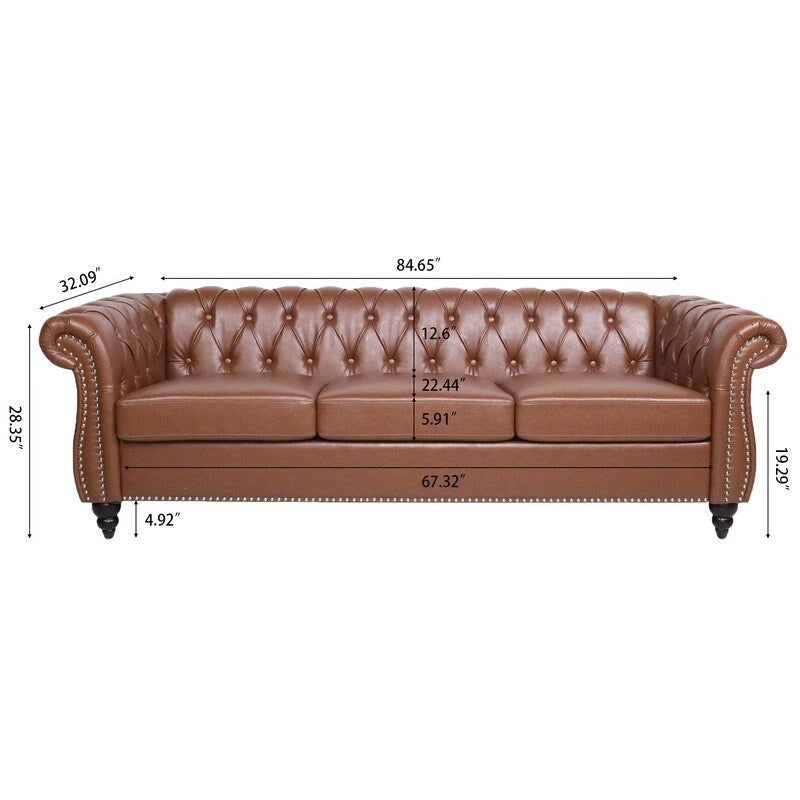 84.65 PU Rolled Arm Chesterfield 3 Seater Sofa