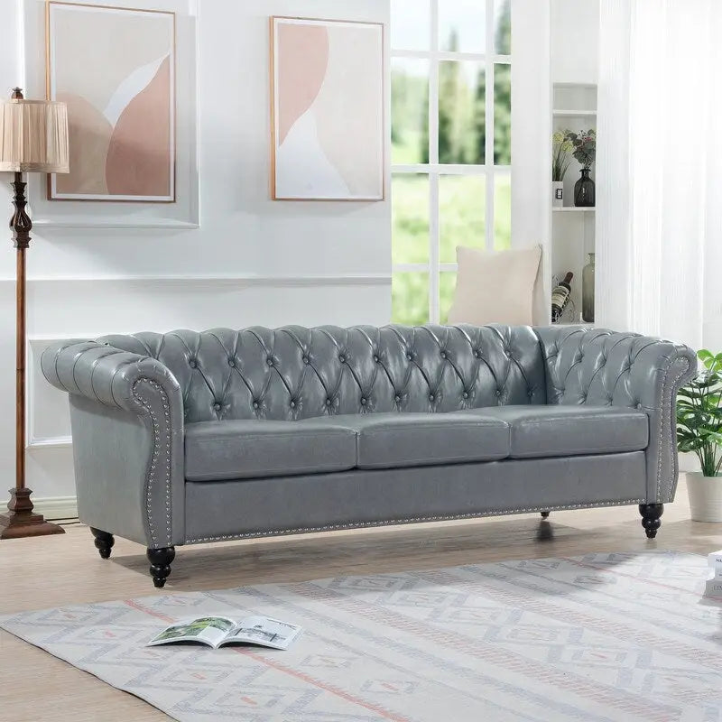 84.65 PU Rolled Arm Chesterfield 3 Seater Sofa