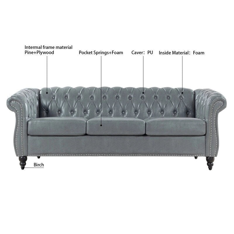 84.65 PU Rolled Arm Chesterfield 3 Seater Sofa