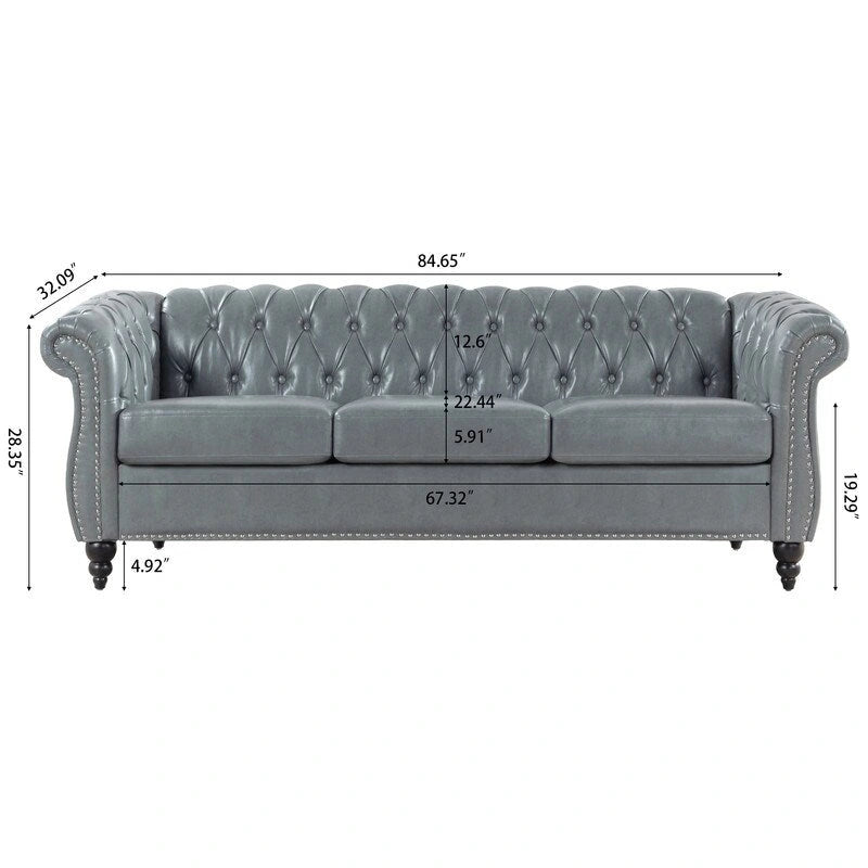 84.65 PU Rolled Arm Chesterfield 3 Seater Sofa
