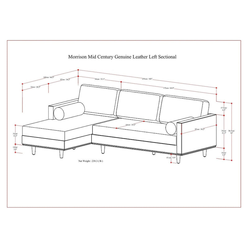 Mid Century 102-inch Wide Left Sofa Sectional