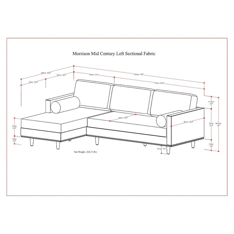 Mid Century 102-inch Wide Left Sofa Sectional