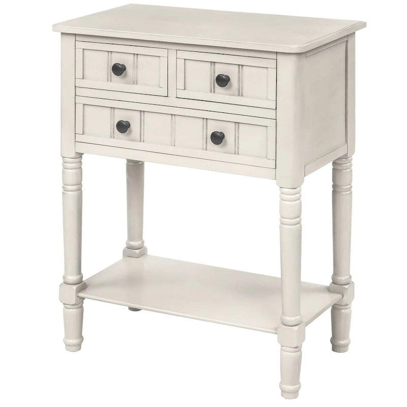 Solid Wood Distressed Sofa Table with Three Storage Drawers and Bottom Shelf