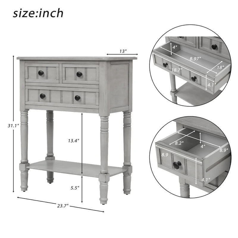 Solid Wood Distressed Sofa Table with Three Storage Drawers and Bottom Shelf