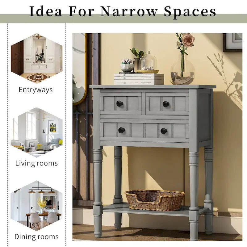 Solid Wood Distressed Sofa Table with Three Storage Drawers and Bottom Shelf