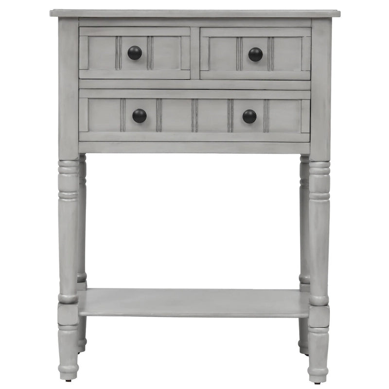 Solid Wood Distressed Sofa Table with Three Storage Drawers and Bottom Shelf