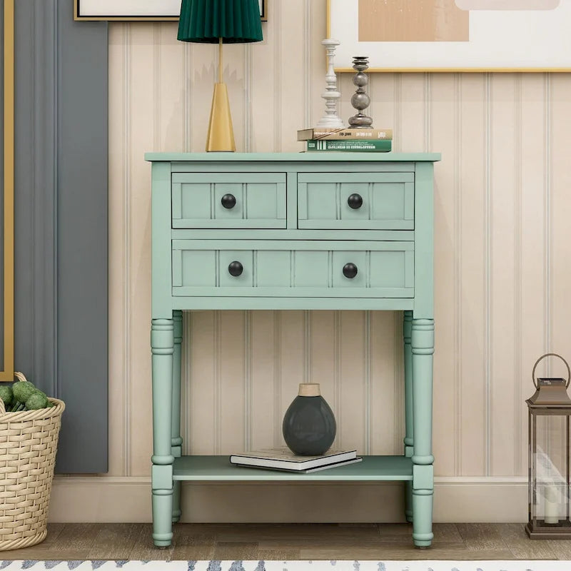 Solid Wood Distressed Sofa Table with Three Storage Drawers and Bottom Shelf