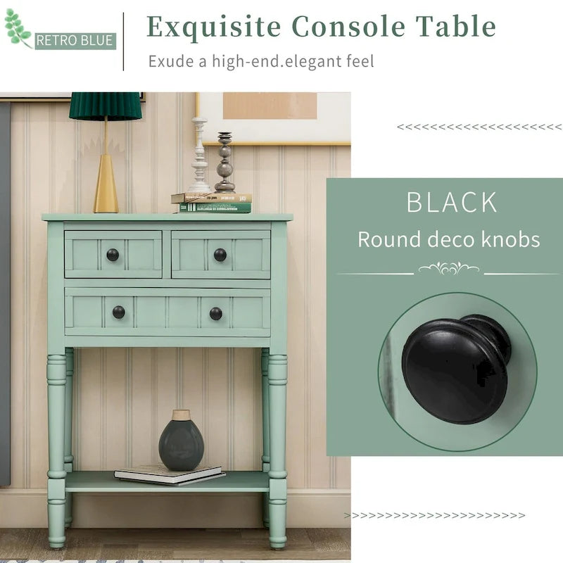 Solid Wood Distressed Sofa Table with Three Storage Drawers and Bottom Shelf