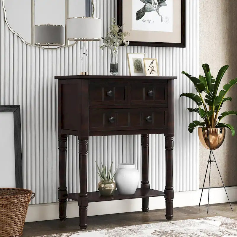 Solid Wood Distressed Sofa Table with Three Storage Drawers and Bottom Shelf