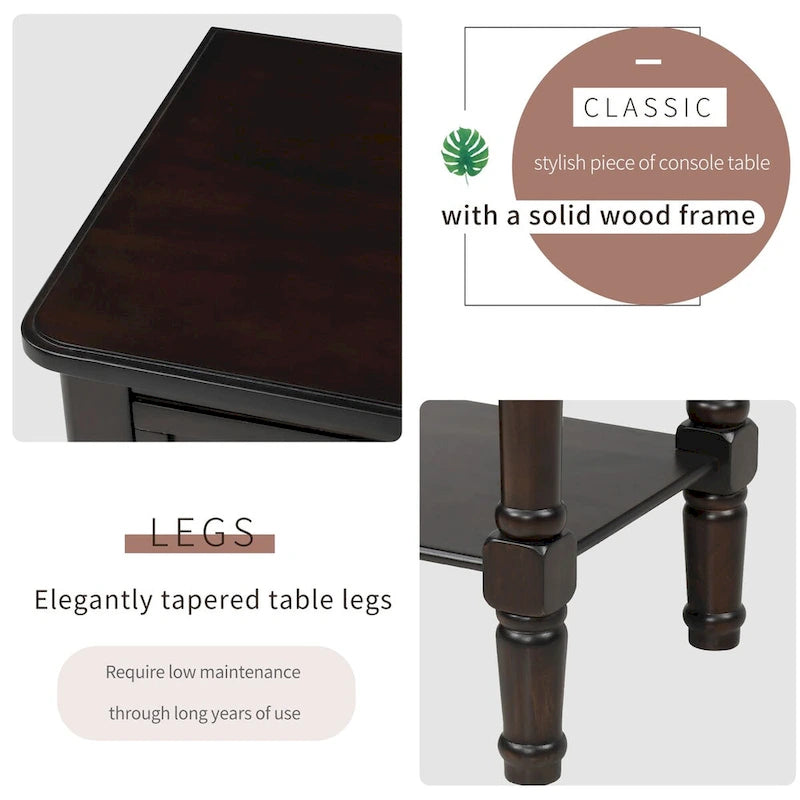 Solid Wood Distressed Sofa Table with Three Storage Drawers and Bottom Shelf
