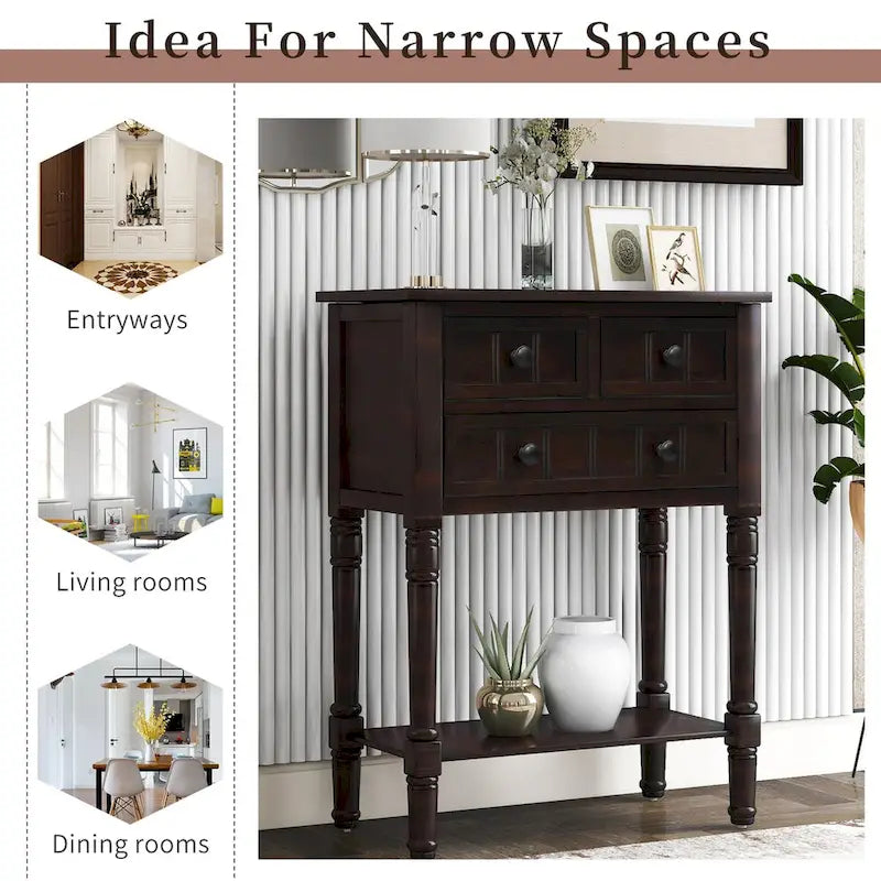 Solid Wood Distressed Sofa Table with Three Storage Drawers and Bottom Shelf