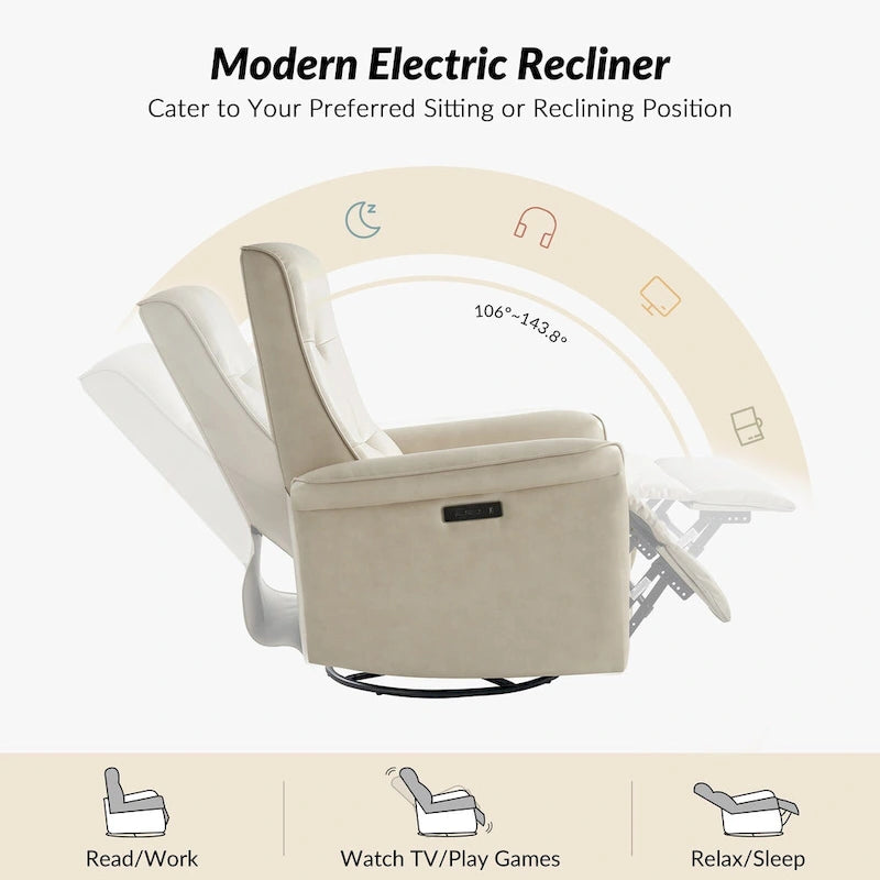 Modern Faux Leather Swivel Power Recliner with USB Ports