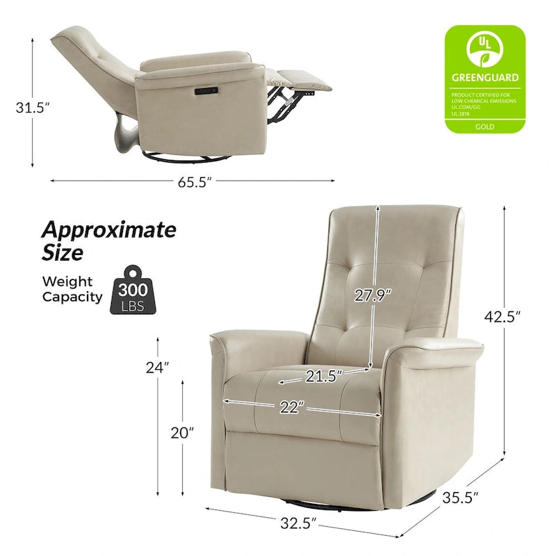 Modern Faux Leather Swivel Power Recliner with USB Ports