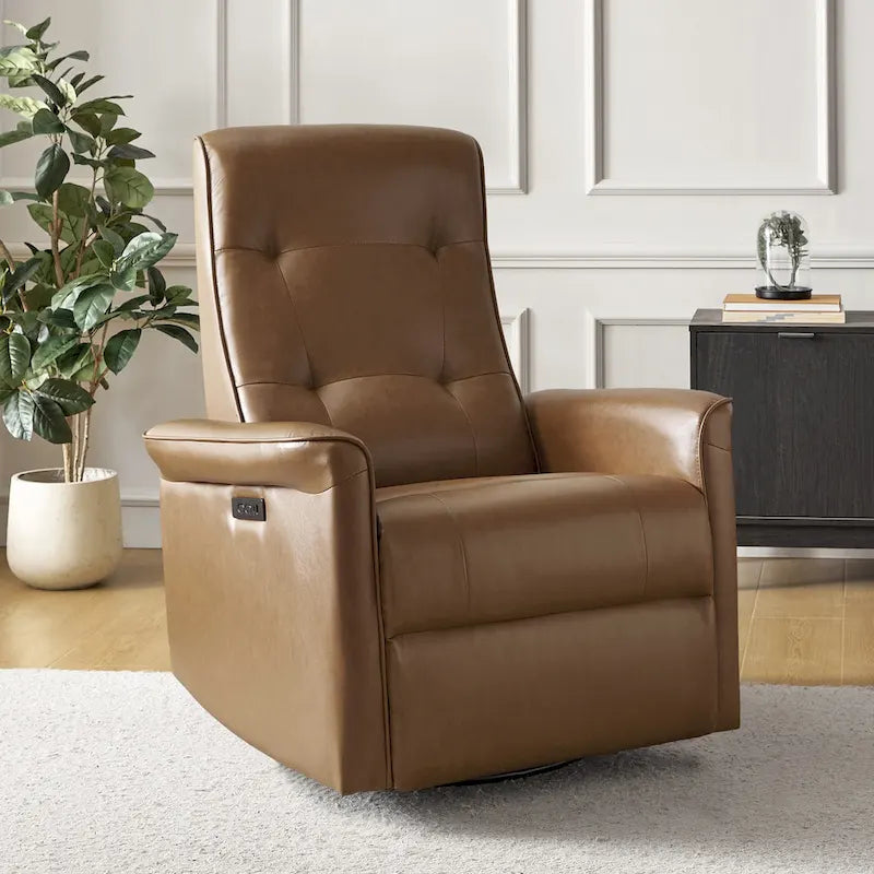 Modern Faux Leather Swivel Power Recliner with USB Ports