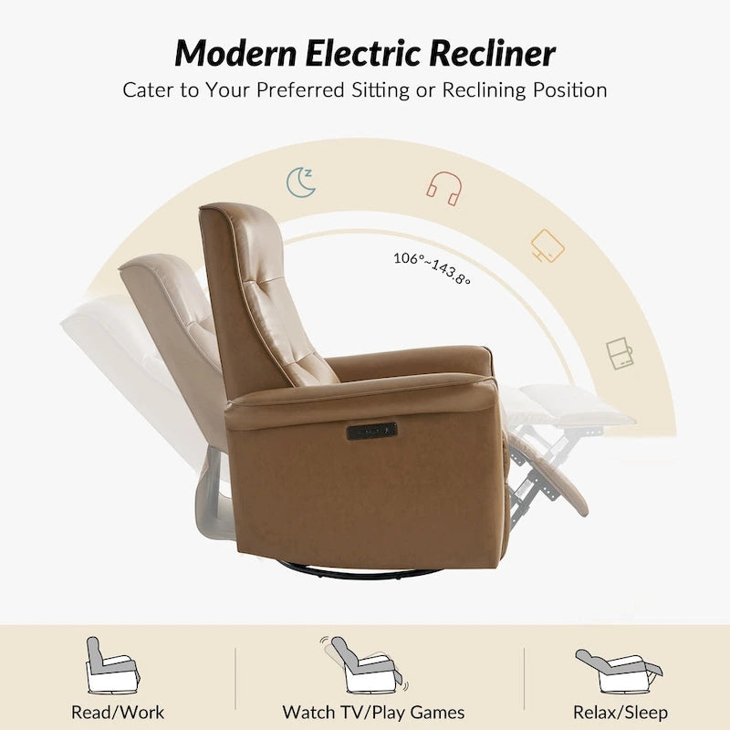 Modern Faux Leather Swivel Power Recliner with USB Ports
