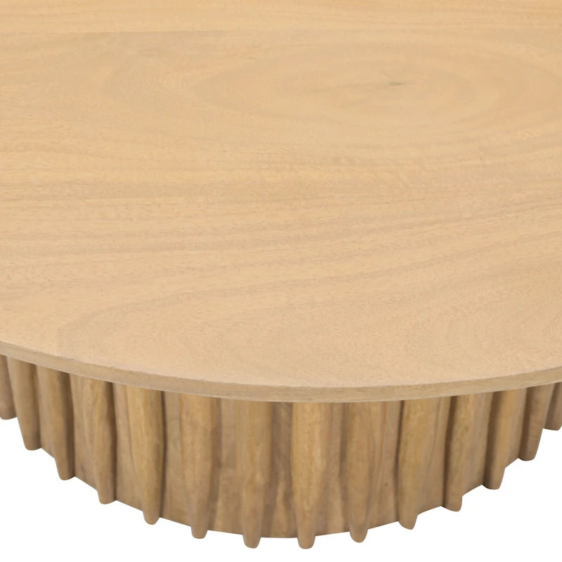 Sejo Coffee Table, 34 Inch Round Top with Fluted Base in Natural Brown Mango Wood