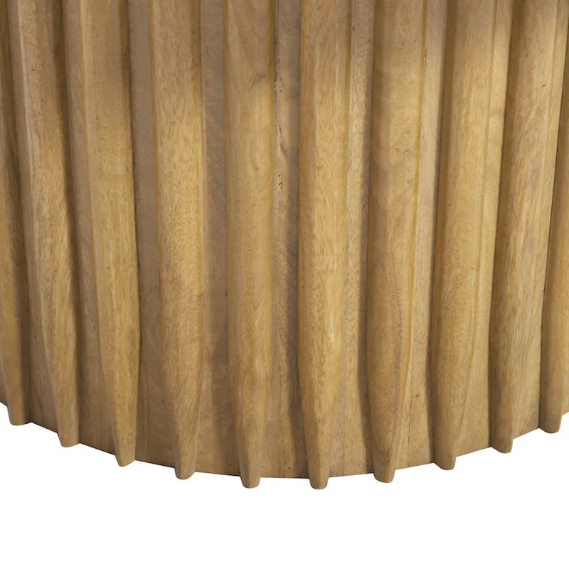 Sejo Coffee Table, 34 Inch Round Top with Fluted Base in Natural Brown Mango Wood