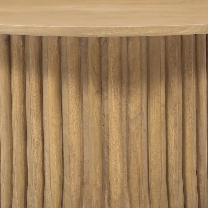 Sejo Coffee Table, 34 Inch Round Top with Fluted Base in Natural Brown Mango Wood