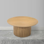 Sejo Coffee Table, 34 Inch Round Top with Fluted Base in Natural Brown Mango Wood