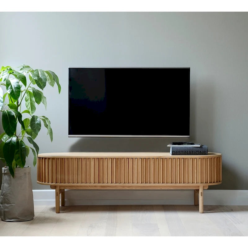 63-Inch Mid-Century Modern Sliding Door TV Lowboard, Natural