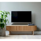 63-Inch Mid-Century Modern Sliding Door TV Lowboard, Natural