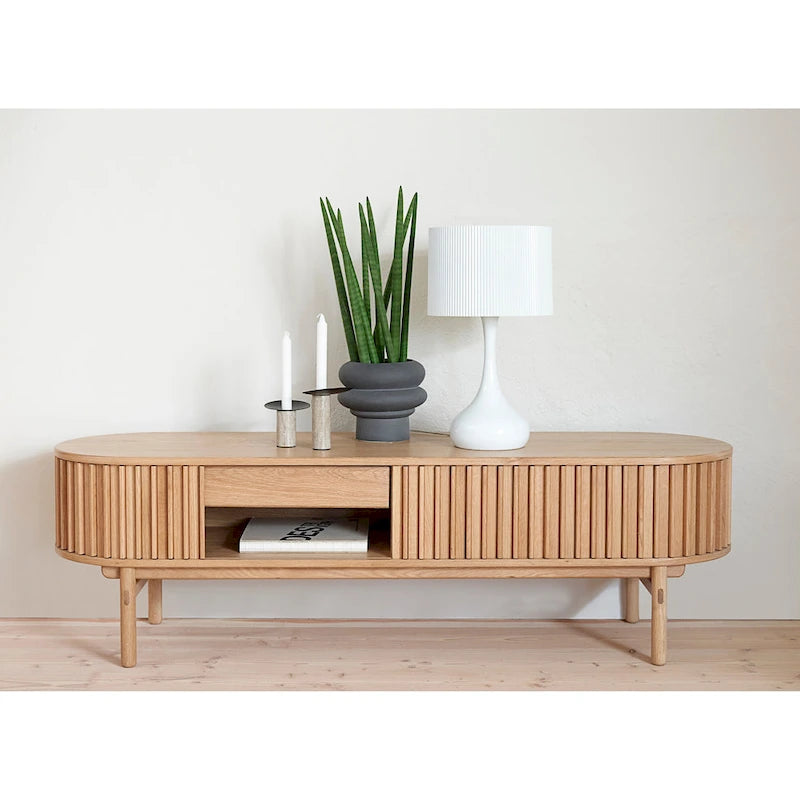 63-Inch Mid-Century Modern Sliding Door TV Lowboard, Natural
