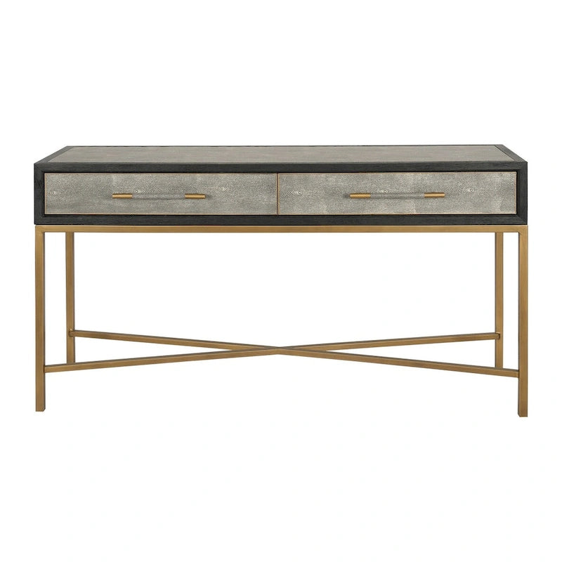 Art Deco Solid Wood and Vegan Leather Shagreen with Brass Accents Console Table - 59W X 16D X 32.3H