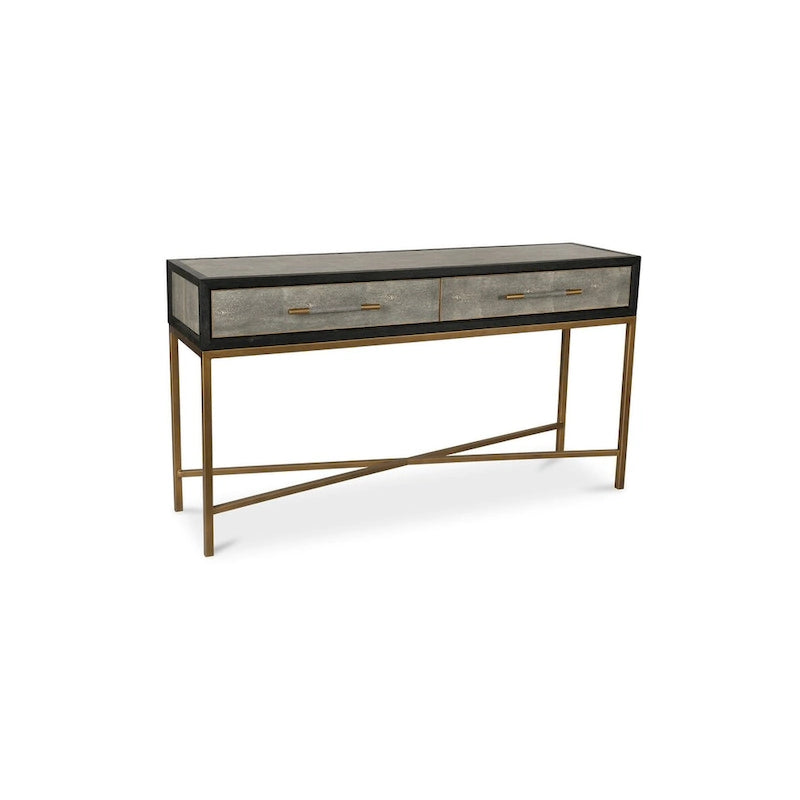 Art Deco Solid Wood and Vegan Leather Shagreen with Brass Accents Console Table - 59W X 16D X 32.3H