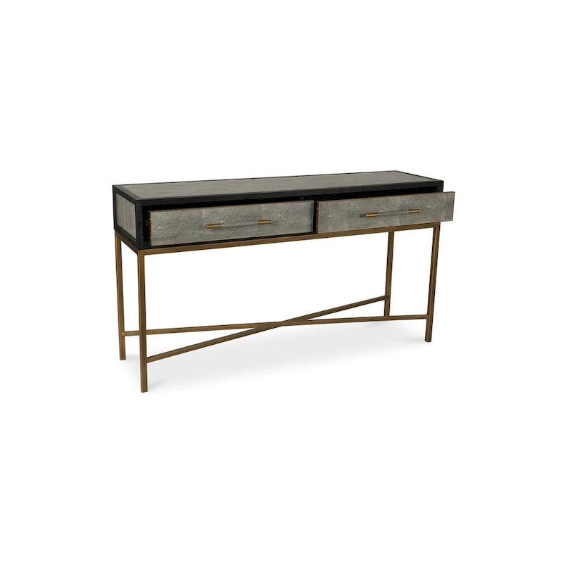 Art Deco Solid Wood and Vegan Leather Shagreen with Brass Accents Console Table - 59W X 16D X 32.3H