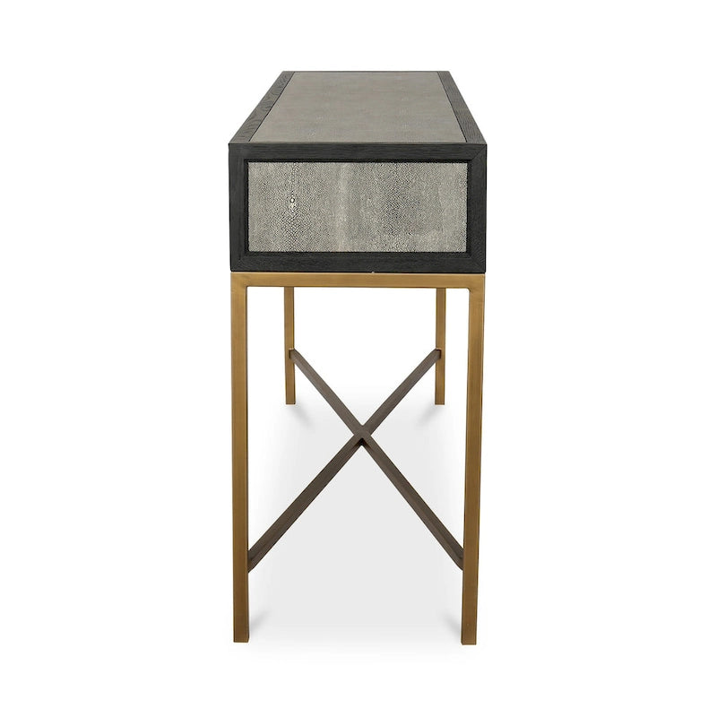 Art Deco Solid Wood and Vegan Leather Shagreen with Brass Accents Console Table - 59W X 16D X 32.3H