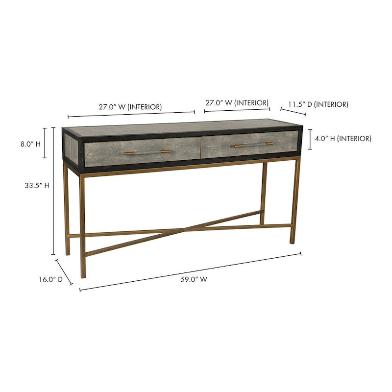 Art Deco Solid Wood and Vegan Leather Shagreen with Brass Accents Console Table - 59W X 16D X 32.3H