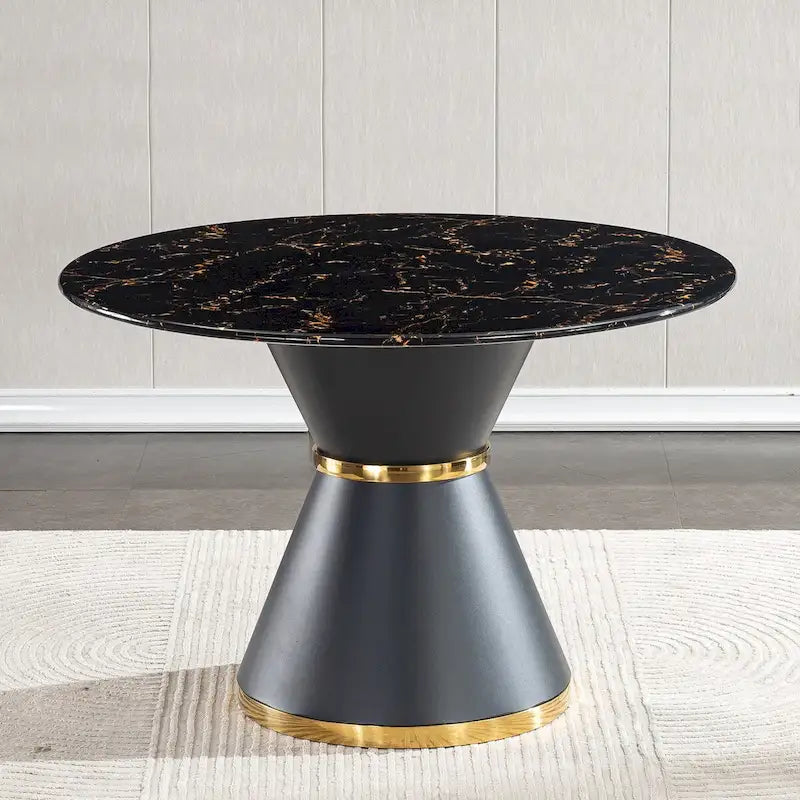 Black Marble Printed MDF Round Dining Table, Black Columnar Base with Gold Annulus(chairs Not Included)