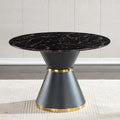 Black Marble Printed MDF Round Dining Table, Black Columnar Base with Gold Annulus(chairs Not Included)