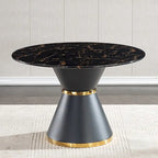 Black Marble Printed MDF Round Dining Table, Black Columnar Base with Gold Annulus(chairs Not Included)
