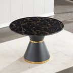 Black Marble Printed MDF Round Dining Table, Black Columnar Base with Gold Annulus(chairs Not Included)