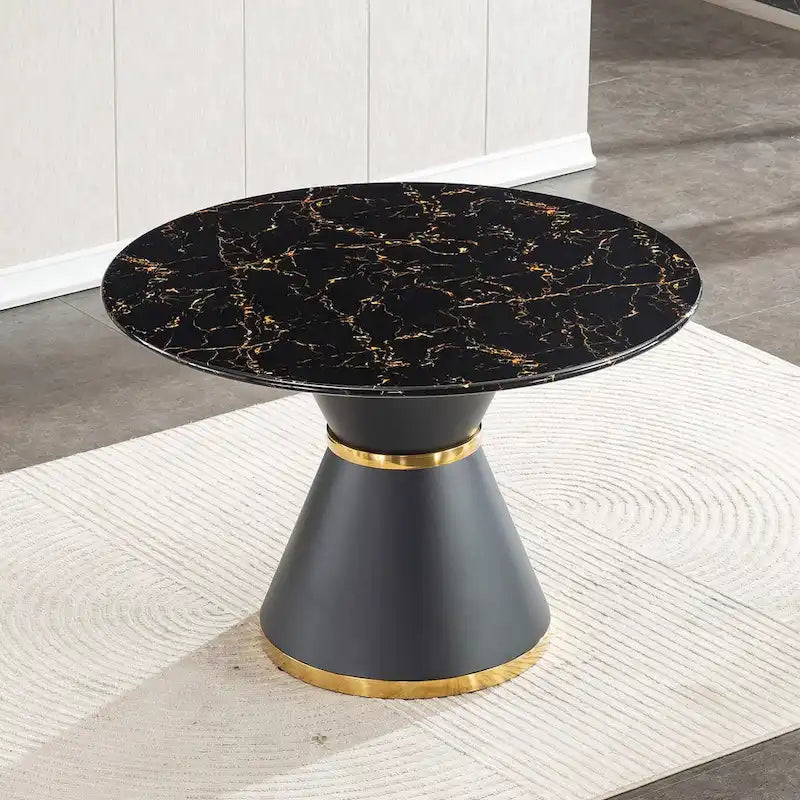 Black Marble Printed MDF Round Dining Table, Black Columnar Base with Gold Annulus(chairs Not Included)