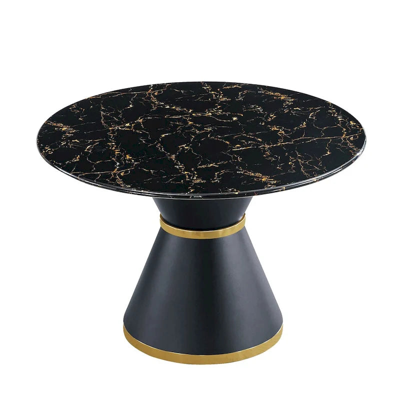 Black Marble Printed MDF Round Dining Table, Black Columnar Base with Gold Annulus(chairs Not Included)