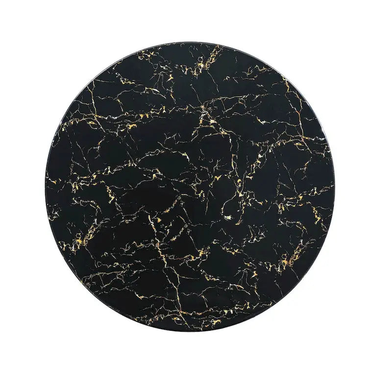 Black Marble Printed MDF Round Dining Table, Black Columnar Base with Gold Annulus(chairs Not Included)
