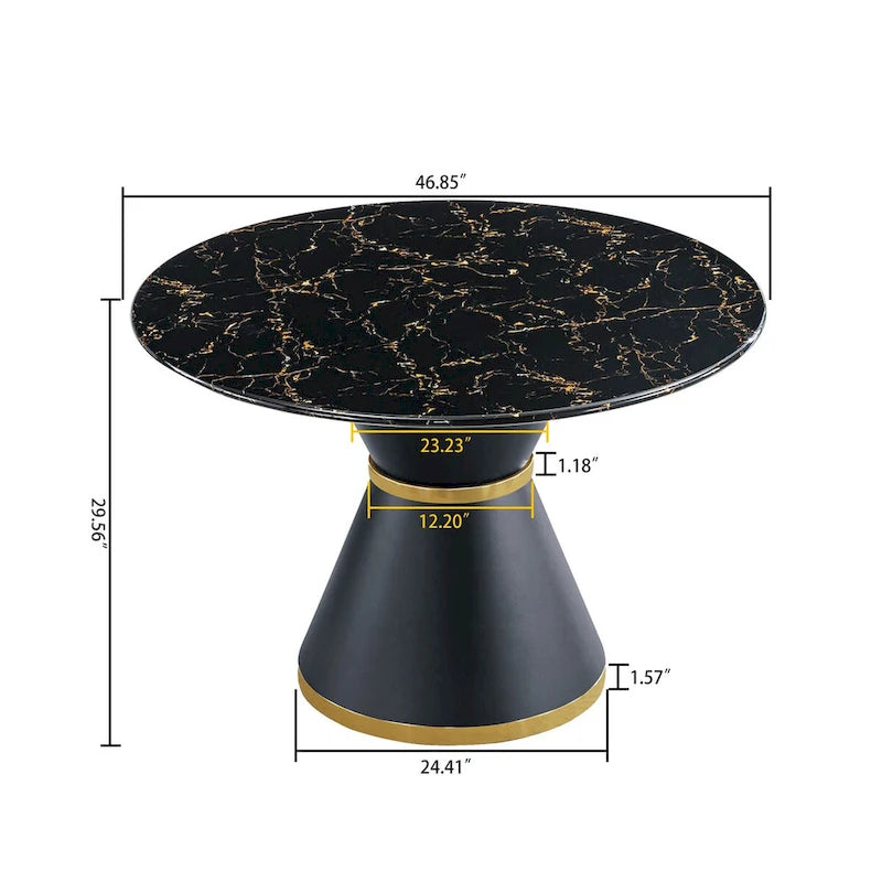 Black Marble Printed MDF Round Dining Table, Black Columnar Base with Gold Annulus(chairs Not Included)