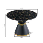 Black Marble Printed MDF Round Dining Table, Black Columnar Base with Gold Annulus(chairs Not Included)
