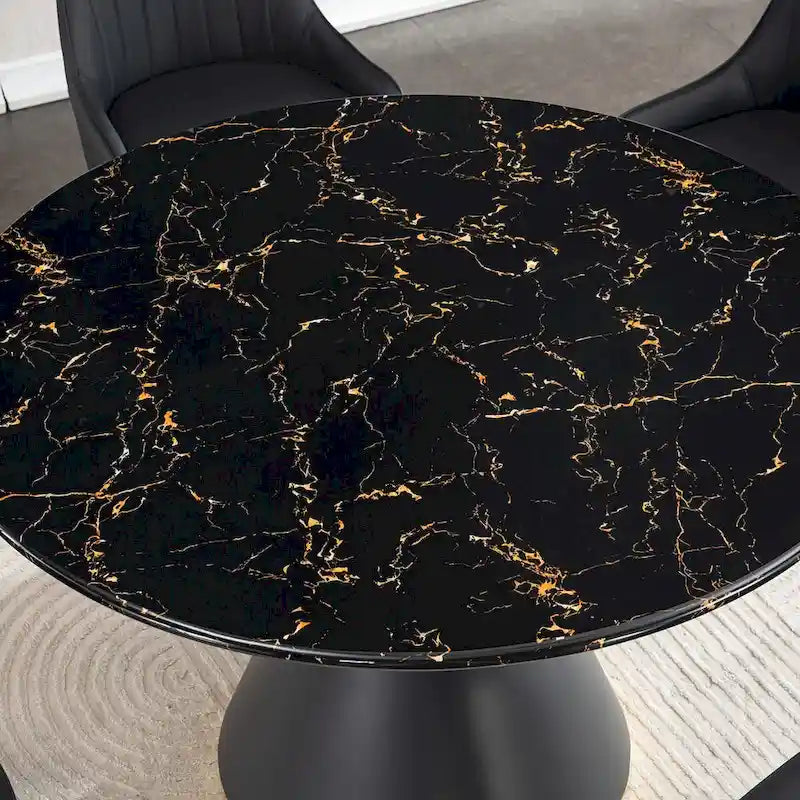 Black Marble Printed MDF Round Dining Table, Black Columnar Base with Gold Annulus(chairs Not Included)
