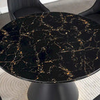 Black Marble Printed MDF Round Dining Table, Black Columnar Base with Gold Annulus(chairs Not Included)