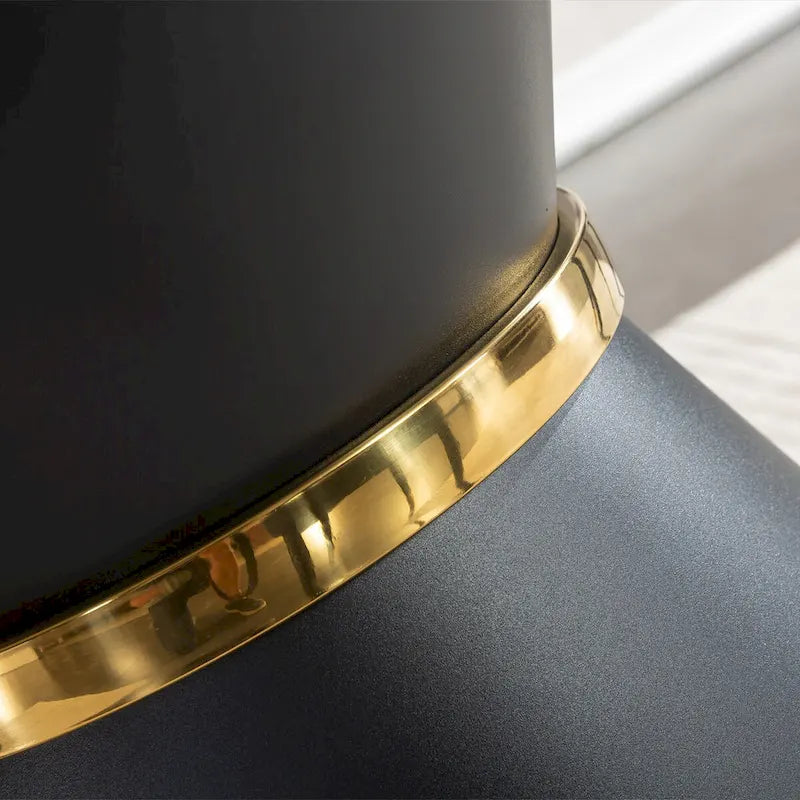 Black Marble Printed MDF Round Dining Table, Black Columnar Base with Gold Annulus(chairs Not Included)