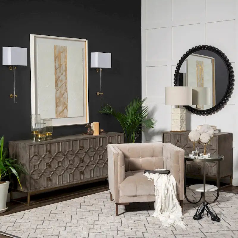 Gray Fir Veneer with Gold Metal Frame Base 9 Drawer Sideboard