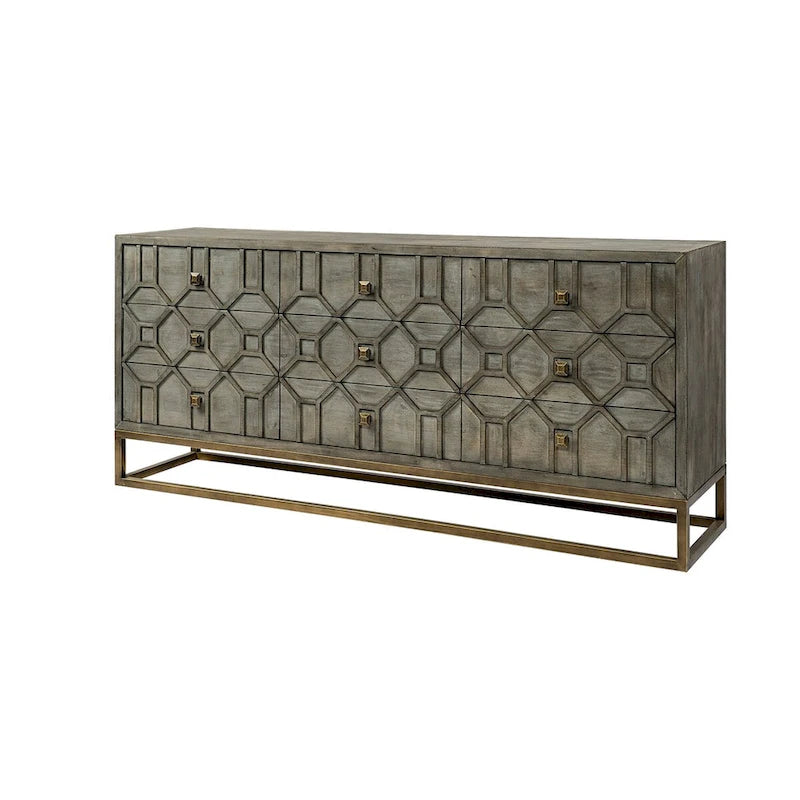 Gray Fir Veneer with Gold Metal Frame Base 9 Drawer Sideboard