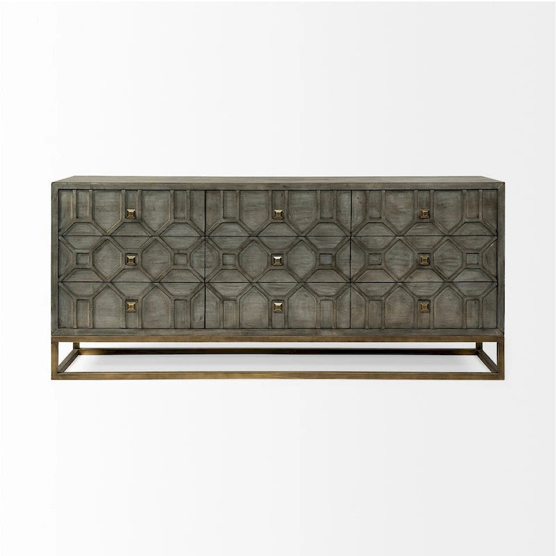 Gray Fir Veneer with Gold Metal Frame Base 9 Drawer Sideboard