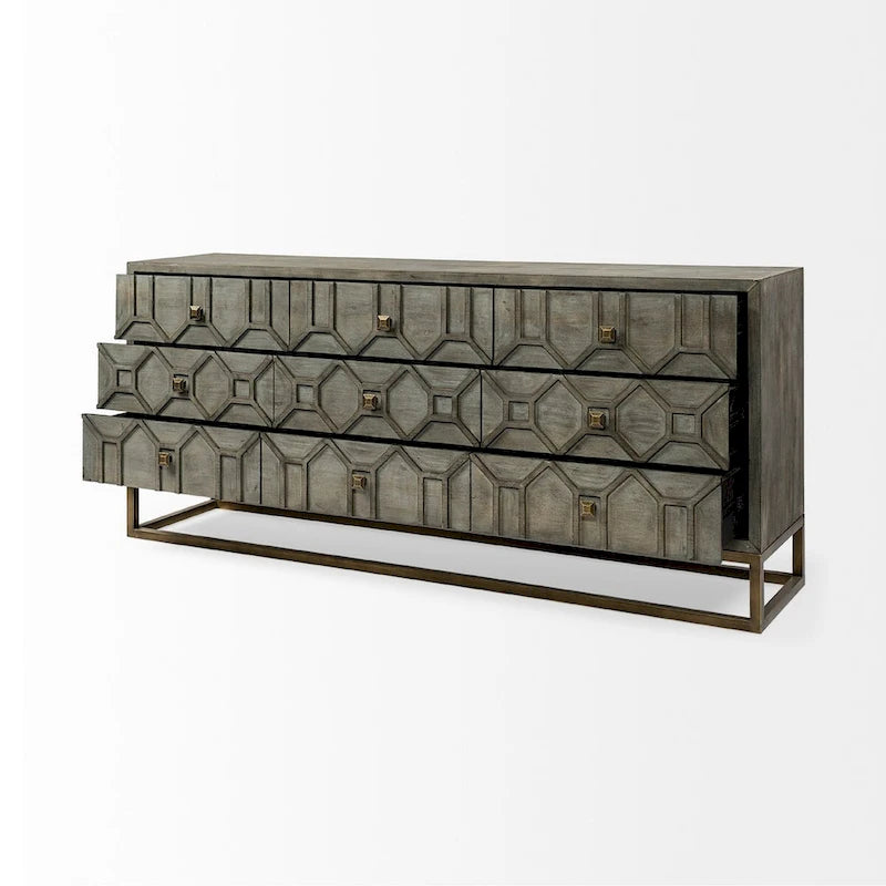 Gray Fir Veneer with Gold Metal Frame Base 9 Drawer Sideboard
