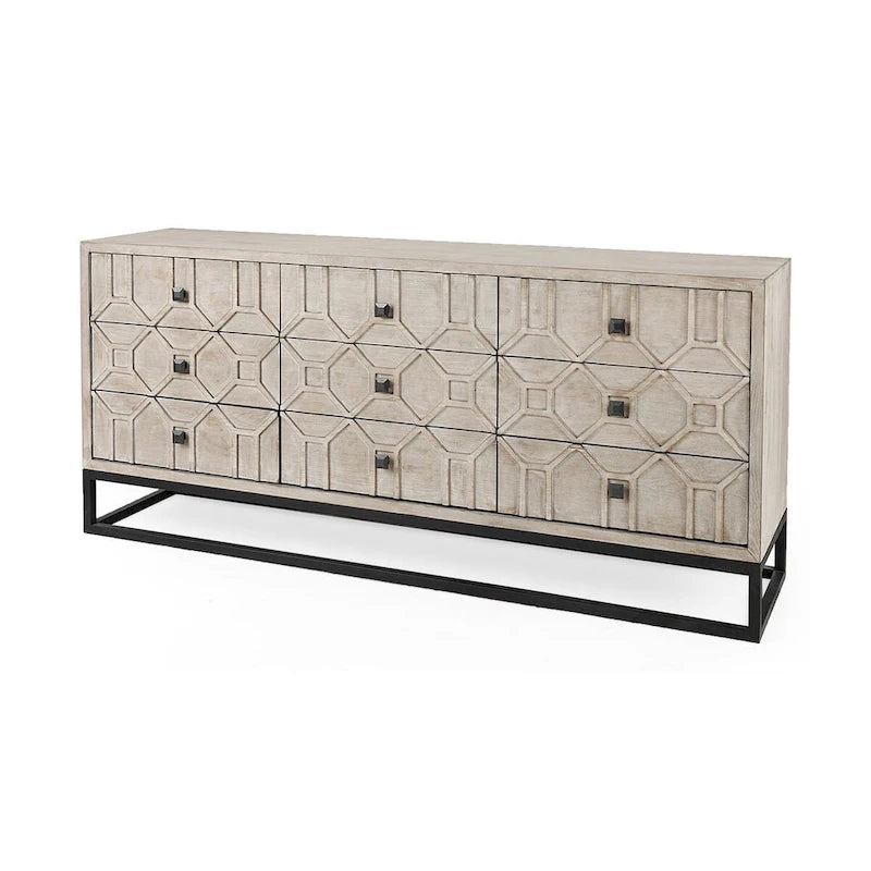 Gray Fir Veneer with Gold Metal Frame Base 9 Drawer Sideboard